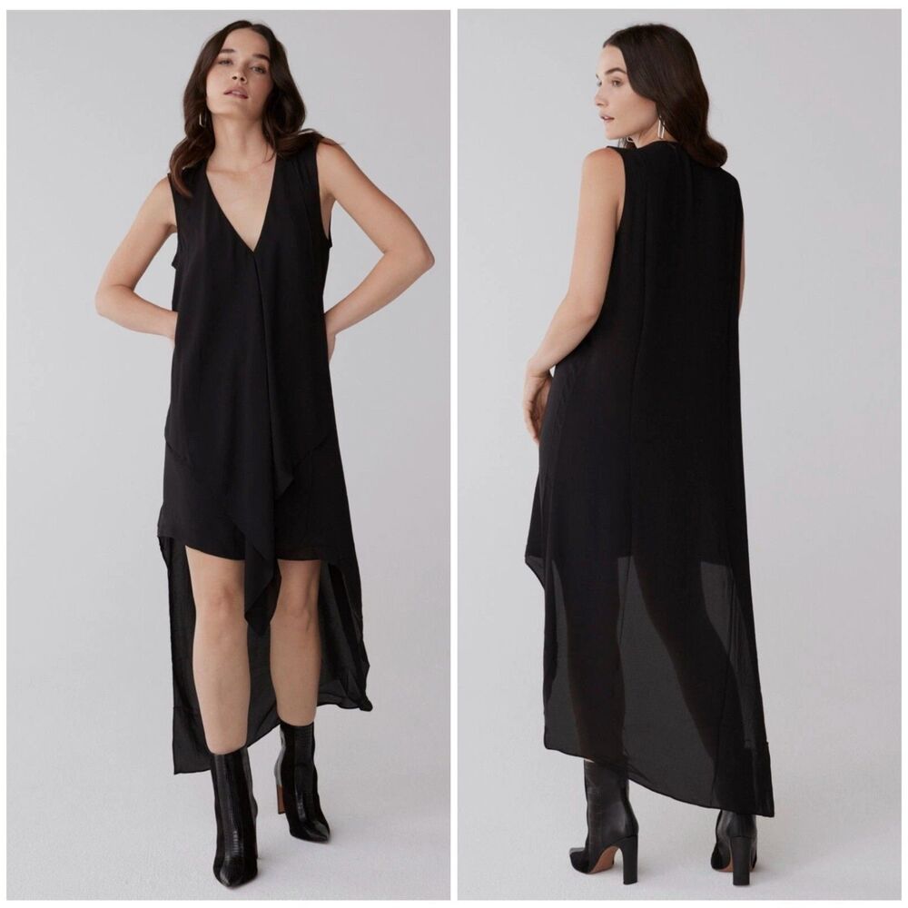 BCBGMAXAZRIA Tara Cascade Ruffle Dress Womens XS Black High Low Maxi Minimalist